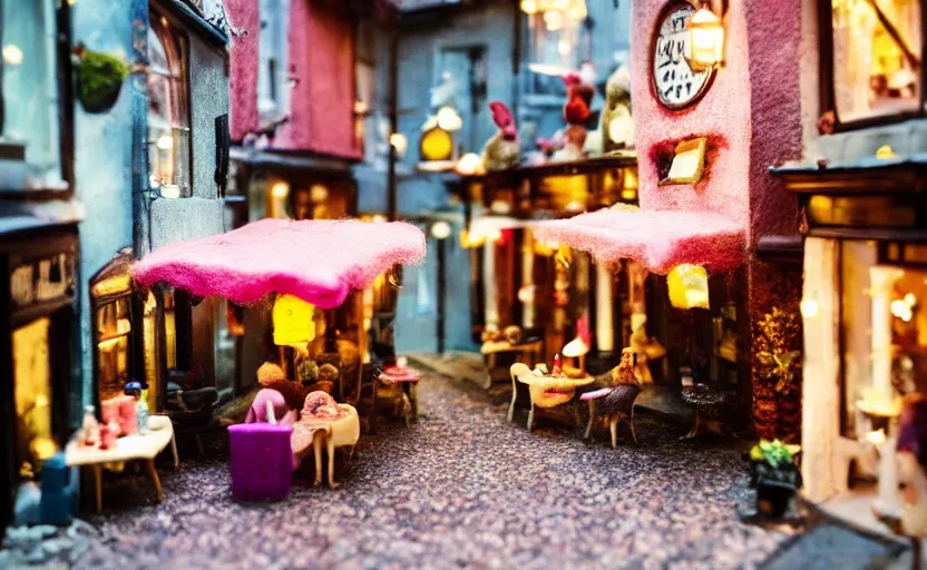 Image similar to miniature cafe diorama macro photography, cafe with felted bunnies on a date, alleyway, ambient, atmospheric, british, cozy, bokeh, romantic, colorful lanterns