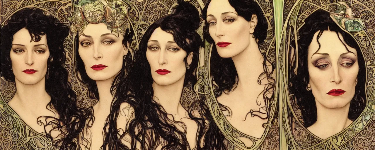 Prompt: stunning hyperdetailed art nouveau portrait of the eva green anjelica huston and morticia addams as the mythological 3 witches, by chris achilleos, michael kaluta and alphonse mucha, photorealism, extremely beautiful, perfect symmetrical facial features, perfect anatomy, strong confident eyes, eldritch powers, witchcraft, magic energy