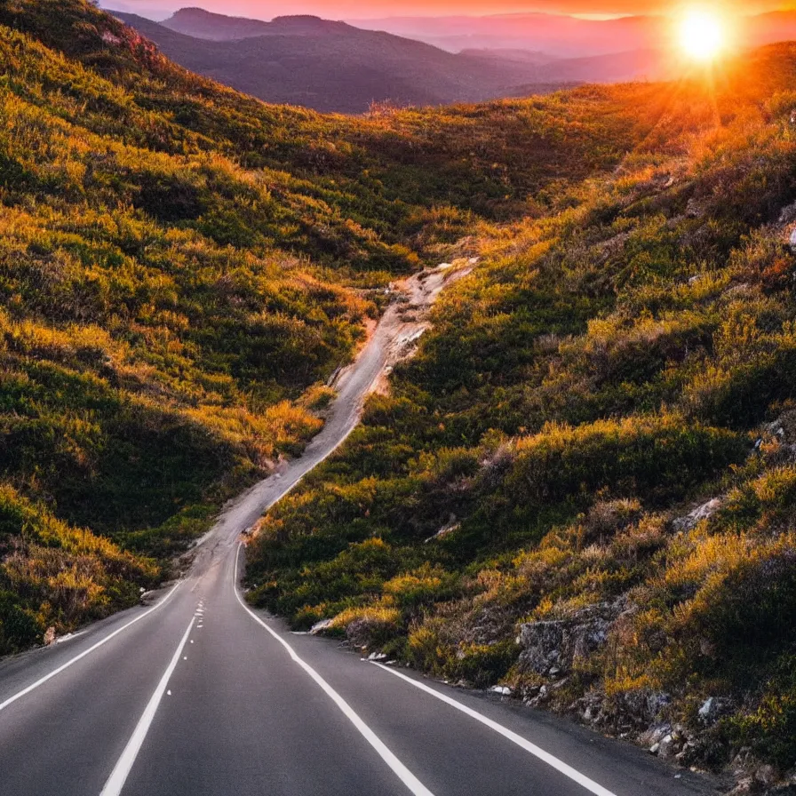 Image similar to a highway road leading to the horizon down a rocky mountain coast, the sunset is a pulsating heart of light. atmospheric good vibes