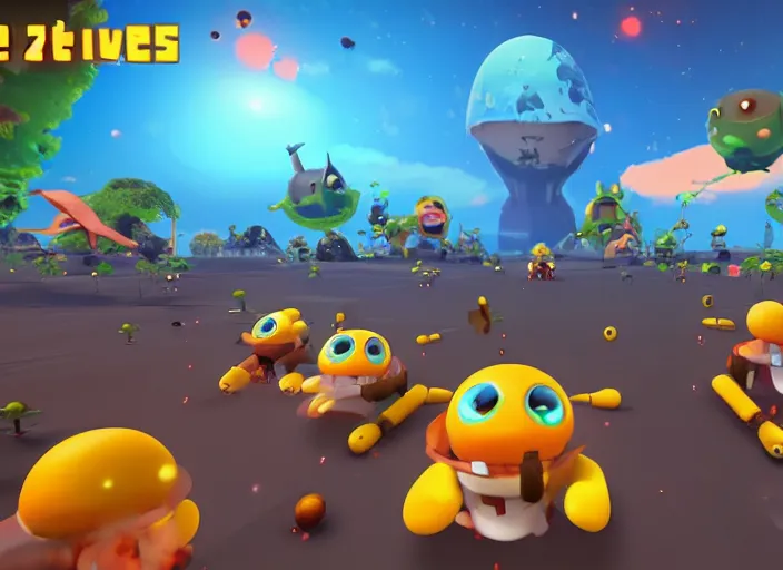 Prompt: first person shooter, a landing scene for mobile battle royale game about alien cute little animals that land on a planet with different biomes, craters, alien capsules, bushes in the visual style of Spore and Brawl Stars, start of the match, full team, screenshot from mobile game