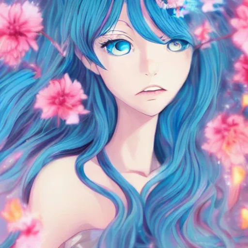 Prompt: very very very very beautiful portrait of a girl with blue flowing hair, anime portrait by loish, and Lois van Baarle, daily deviation, disney inspired, stunning masterpiece, anime style, ufotable, ghibli, makoto shinkai, pink flower, anime eye tutorial, pixiv