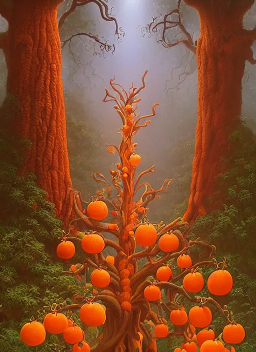 Image similar to ayahuma tree with few small orange fruits looking like an ent, art by christophe vacher