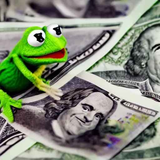 Prompt: Kermit the frog on top of a pile of money, laughing maniacally, big smile, full body, high definition