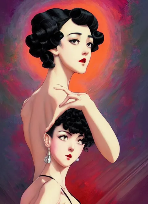 Image similar to a beautiful dancer with black hair in 1920's fashion, ballroom background, intricate, highly detailed, digital painting, artstation, official media, anime key visual, concept art, rich vivid colors, ambient lighting, sharp focus, illustration, art by Artgerm, Makoto Shinkai, Ilya Kuvshinov, Lois Van Baarle, and Rossdraws