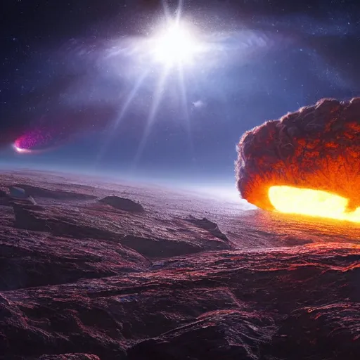 Image similar to Digital art of a meteorite containing an ant colony burning up in the atmosphere, by Jessica Rossier and Wayne Barlowe 4k prehistoric geology space hubble start nebula