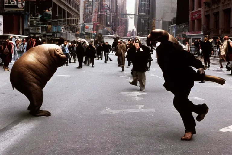 Image similar to closeup potrait of a walrus chasing people in a new york street, natural light, sharp, detailed face, magazine, press, photo, Steve McCurry, David Lazar, Canon, Nikon, focus