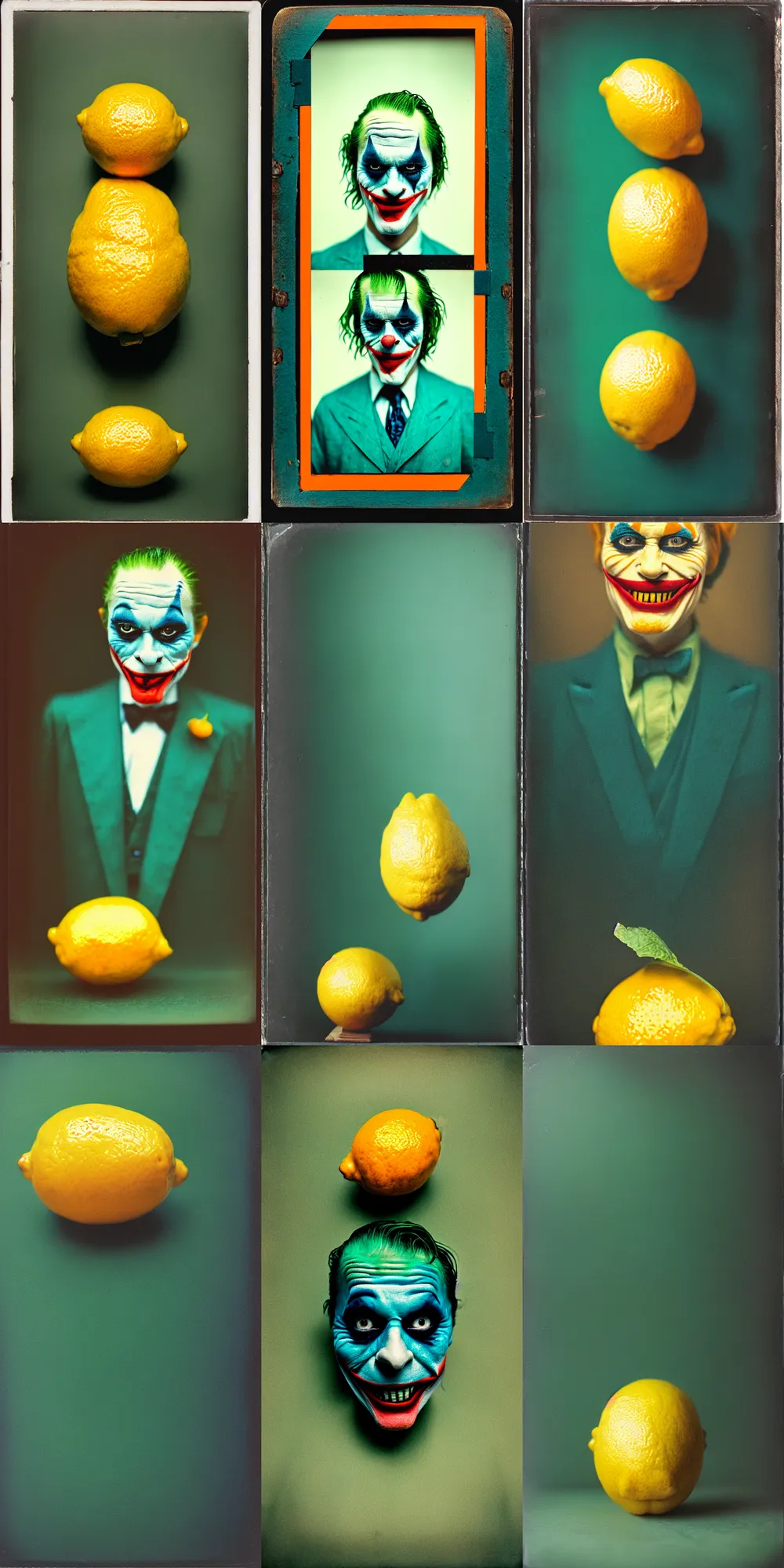 Image similar to kodak portra 4 0 0, wetplate, 8 k, shot of a highly detailed, britt marling style, colour still - life portrait of a lemon looks like 1 9 9 9 joker, teal and orange, muted coloures