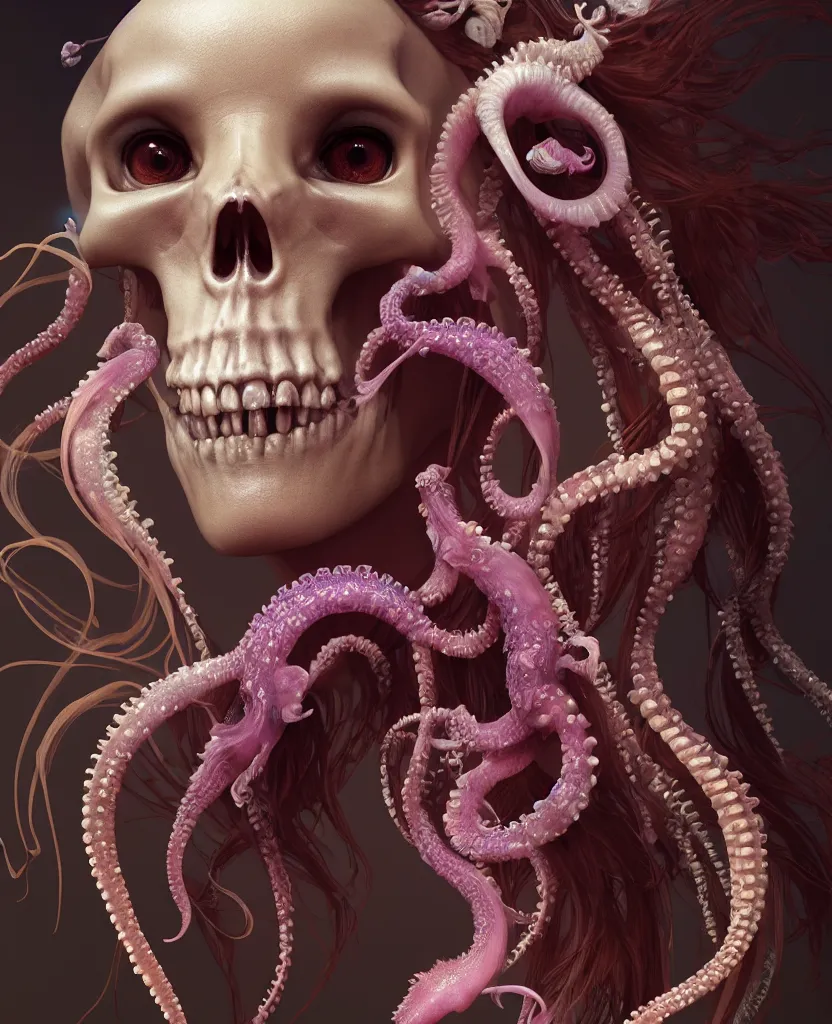 Image similar to goddess close - up portrait human skeleton, ram skull, squid phoenix jellyfish, orchid, betta fish, bioluminiscent, intricate artwork by tooth wu and wlop and beeple. octane render, trending on artstation, greg rutkowski very coherent symmetrical artwork. cinematic, hyper realism, high detail, octane render, 8 k