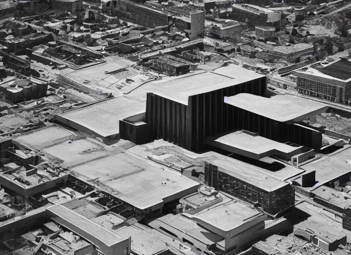 Image similar to a brutalist church, air view, futuristic