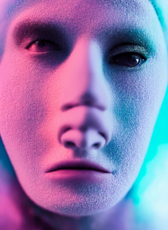 Image similar to high quality pastel coloured film close up headshot of a cyborg model in an icelandic black rock!! environment in a dreamstate environment. three point light. photographic. art directed. pastel colours. volumetric light. pastel gradient overlay. waves. extreme facial detail. 8 k. filmic.