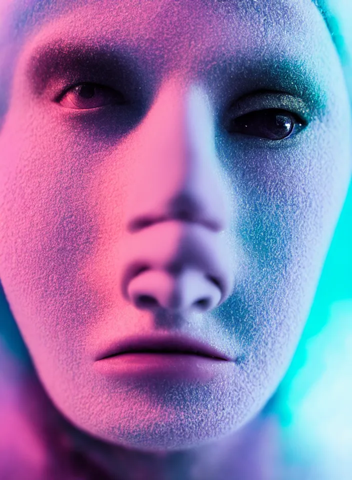 Prompt: high quality pastel coloured film close up headshot of a cyborg model in an icelandic black rock!! environment in a dreamstate environment. three point light. photographic. art directed. pastel colours. volumetric light. pastel gradient overlay. waves. extreme facial detail. 8 k. filmic.