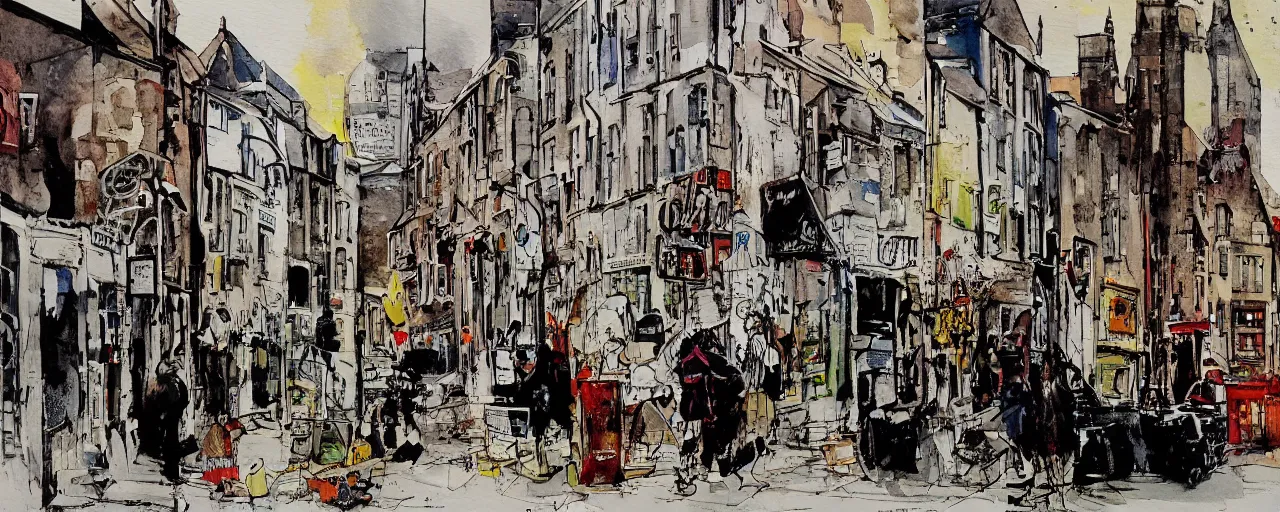 Prompt: a painting of street life in kirkwall orkney, by Ralph Steadman