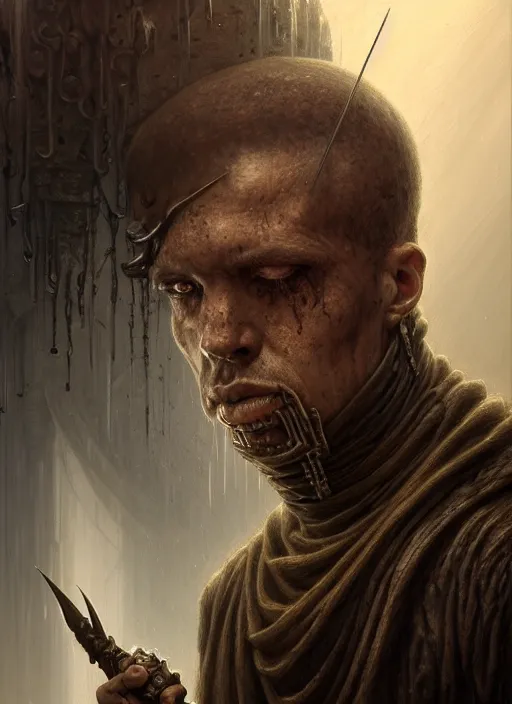 Image similar to closeup portrait shot of a executioner in a dungeon in a scenic dystopian environment, intricate, elegant, highly detailed, centered, digital painting, artstation, concept art, smooth, sharp focus, illustration, artgerm, tomasz alen kopera, peter mohrbacher, donato giancola, joseph christian leyendecker, wlop, boris vallejo