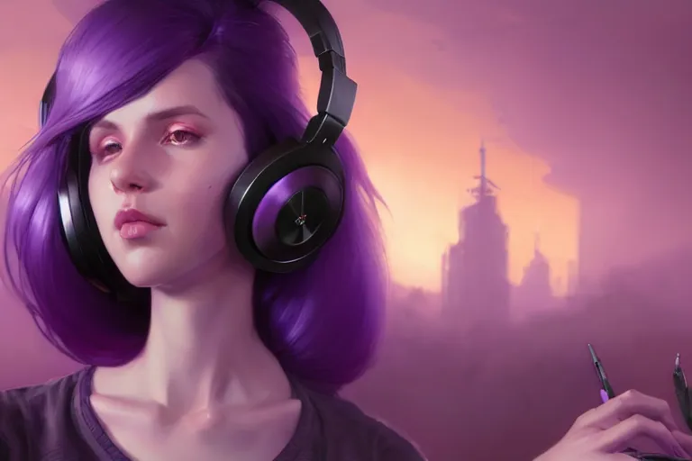 Image similar to wide - shot of stunningly beautiful purple haired female with headphones at home studio streaming computer games late at night, very detailed, 4 k, concept art like ernest khalimov, intricate details, highly detailed by greg rutkowski, ilya kuvshinov, gaston bussiere, craig mullins, simon bisley, backlit