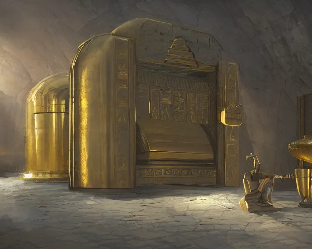 Image similar to a bank vault full gold ingots in the style of ancient egypt, art by greg rutkowski and artgerma, concept art design architecture