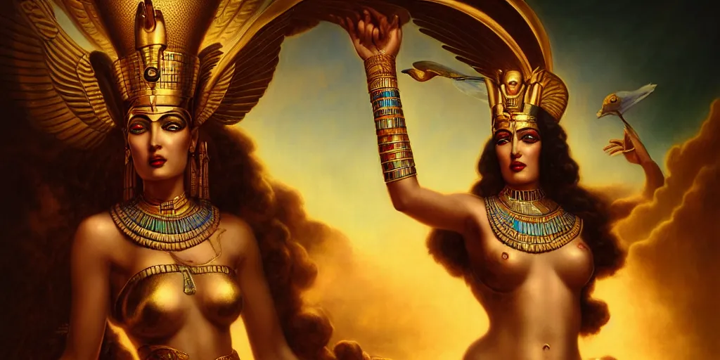 Image similar to Egyptian goddess Isis, by Rolf Armstrong and Evelyn De Morgan and Bastien Lecouffe-Deharme, dramatic lighting, high contrast colors, baroque, empyrean, panoramic view, as trending on Artstation, highly detailed, doom engine,