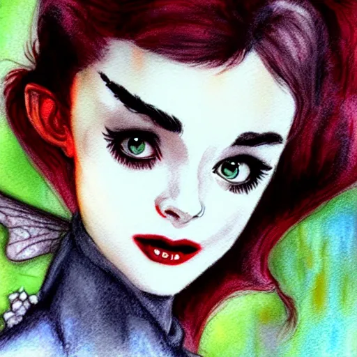 Image similar to an adorable vampire fairy inspired by audrey hepburn and kristen ritter, 8 k resolution whimsical watercolor pencil drawing, deviantart artstation