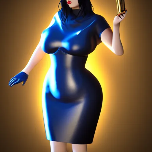 Image similar to curvy sublime feminine hot goth cutie with elegant blue-gold leather dress, checkered, cgsociety, photorealistic, sublime ambience, idealistic, 16k, smooth, sharp focus, trending on ArtStation, volumetric lighting, fully clothed, worksafe