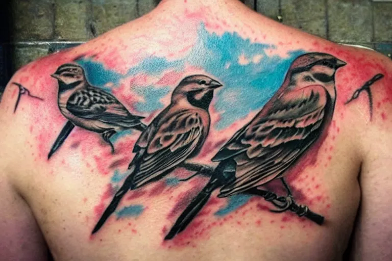 Prompt: three sparrows tattooed on man back, grunge, trash polkadot, fast moving, high detailed, high contrast, cold colors, best work, first in show