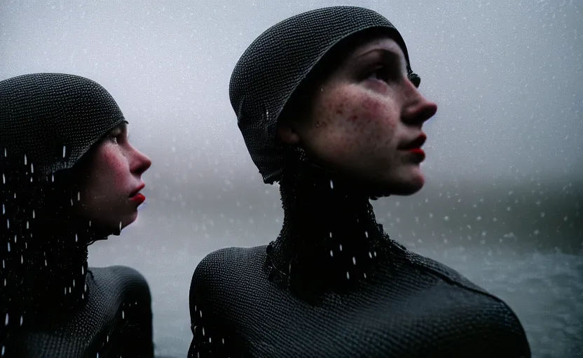 Image similar to cinestill 5 0 d candid photographic portrait by helen levitt of two loving female androids wearing rugged black mesh techwear in treacherous waters, extreme closeup, modern cyberpunk moody depressing cinematic, pouring rain, 8 k, hd, high resolution, 3 5 mm, f / 3 2, ultra realistic faces, ex machina