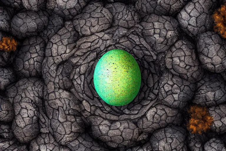 Image similar to a scaly dragon egg made from opalescent coal and molten lava, on a carved stone floor against a forest background photorealistic, dlsr, octane render, 8 k, cinematic lighting