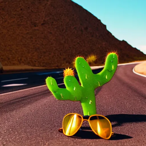 Prompt: cactus with sunglasses is holding a glass of wine on the road in the desert