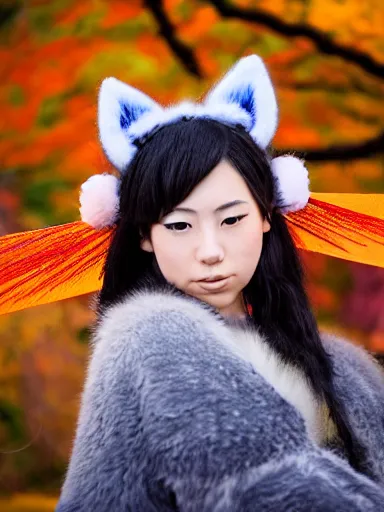 Image similar to full - color photo of a cute young japanese woman cosplaying as a kitsune goddess doing a ritual dance in a windy inari shinto shrine in kyoto full of autumn leaves. she has fox - ears, a fox - tail, hands that are fox - paws, sharp fox - teeth, and a fox - nose. highly - detailed ; professional portrait photography.