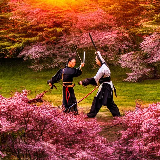 Prompt: samurai duel, both samurai have katana drawn, in a fighting pose, sunset in the background, cherry trees blossoming and Japanese maple trees, autumn, professional photograph