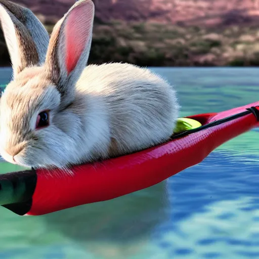 Image similar to a rabbit kayaking on a small river, photorealism 4k