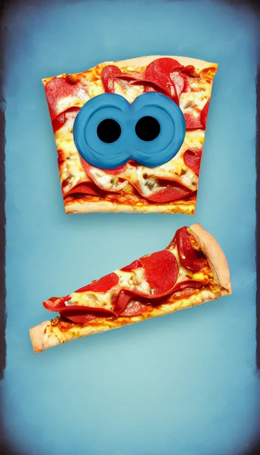 Image similar to a french slice of pizza with a toothy grin and big blue eyes, cartoonish, photorealistic, 4 k, polaroid, surreal, vaporwave