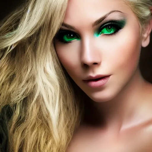 Image similar to A beautiful woman with blonde hair and green emerald color eyes and small face no makeup, full body portrait, highly detailed, excellent composition, dramatic lighting, realistic 4k