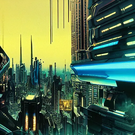 Image similar to futuristic cyberpunk city panorama, daylight, blue sky, cinematic lighting, blue sky, syd mead, john harris