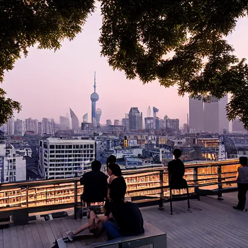 Image similar to a small rooftop with a couple of people sitting and watching the view, wearing black modern clothes, modern shanghai bund is on the background, sunset, by gregory crewdson