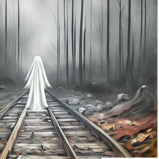 Prompt: ominous bedsheet ghost floating in front of a train deep in the forest, oil painting, brush strokes, gloomy foggy atmosphere, symmetrical, full body image, highly ornate intricate details,