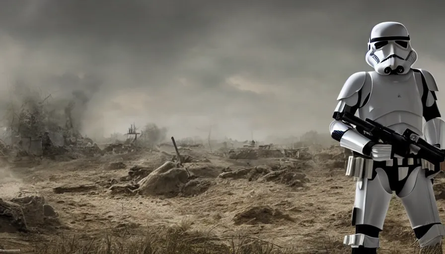 Prompt: Photorealistic Rendering of a Stormtrooper in World War!! 2 on a battlefield between ruins, Wallpaper, Hyperdetailed, Raytraced, Haze