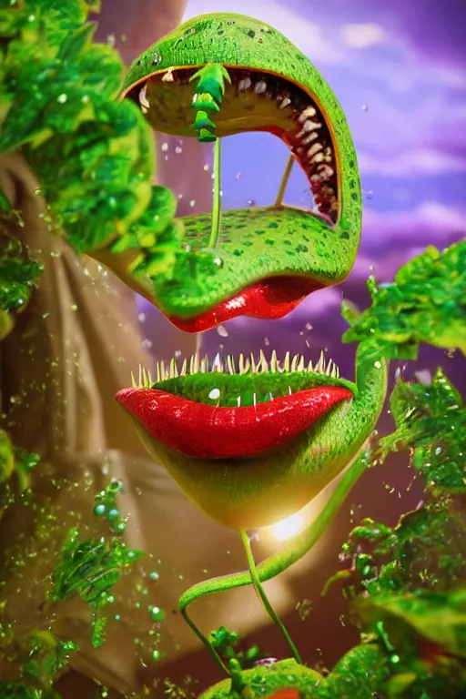 Image similar to hyperrealistic anthropomorphic cartoon 3 d unreal engine red and white polka dot venus fly trap shiny luscious lips slick wet tongue, cinematic lighting golden hour wedding photography