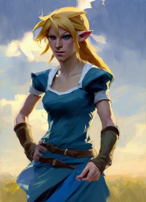 Image similar to Greg Manchess painting of a female Link from Legend of Zelda, countryside, calm, fantasy character portrait, dynamic pose, above view, sunny day, thunder clouds in the sky, artwork by Jeremy Lipkin and Giuseppe Dangelico Pino and Michael Garmash and Rob Rey, very coherent asymmetrical artwork, sharp edges, perfect face, simple form, 100mm