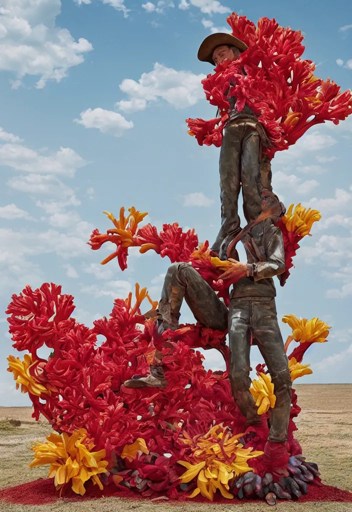 Image similar to a cowboy turning into blooms. tropical sea slugs, tractor tires. complementary colors. national geographic. 8 k, rendered in octane, smooth gradients. sculpture by antonio canova. red accents. by slim aarons, by zhang kechun, by lynda benglis