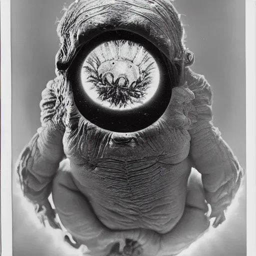 Image similar to a tardigrade experiencing its third eye pineal gland exploding out of the front of his forehead as he is able to perceive all of the thoughts of mankind. body horror. by gerald grom and ansel adams.