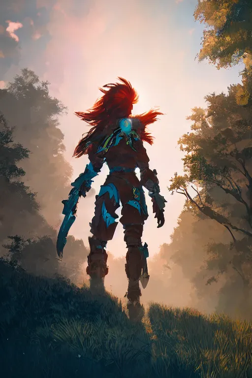 Image similar to combination suit armor aloy horizon forbidden west horizon zero dawn radiating a glowing aura global illumination ray tracing hdr fanart arstation by ian pesty and alena aenami artworks in 4 k tribal robot ninja mask helmet backpack