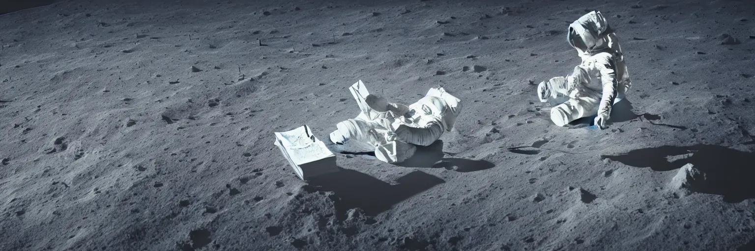 Image similar to A highly photographic render of astronaut on the Moon, sitting on a concrete bench reading a book, rim lighting, cinematic lighting, octane engine, photo realistic image, 4K, super detailed, cinematic look, full resolution