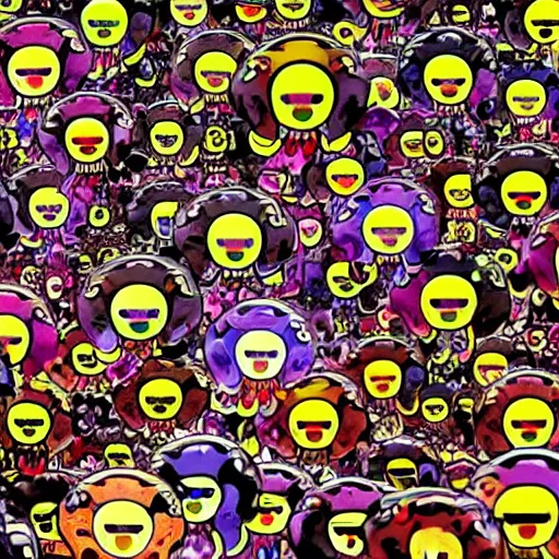 Image similar to A wide shot of a swarm of demons flying up from the depths of Hell in the style of Takashi Murakami