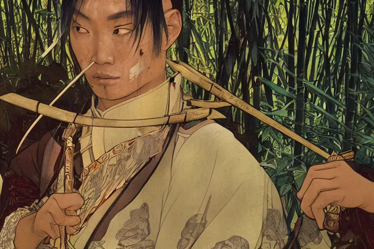 Prompt: close up of a wounded samurai in full armor being tendered by a kunoishi, in a mysterious and bamboo forest, golden hour, by fiona staples, range murata, alphonse mucha