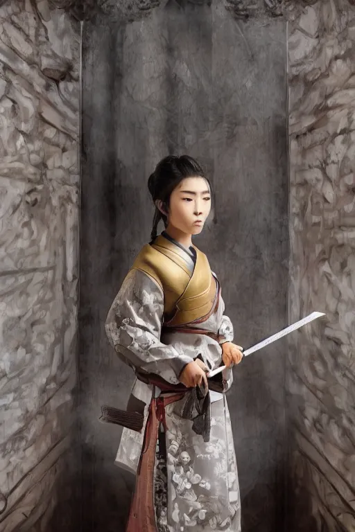 Image similar to highly detailed beautiful photo of a young female samurai, practising sword stances in a temple, symmetrical face, beautiful eyes, realistic anime art style, 8 k, award winning photo, pastels, action photography, 1 / 1 2 5 shutter speed, dramatic lighting