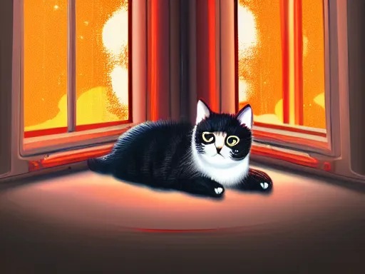 Prompt: cat in space station watching the stars trough a large window, digital painting, dramatic lighting, highly detailed, artstation, concept art