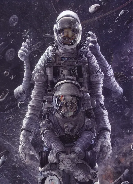 Image similar to astronauts in dark void underwater - complex and hyperdetailed technical suit. reflection and dispersion materials. rays and dispersion of light. volumetric light. f / 3 2. noise film photo. flash photography. ultra realistic, wide angle. poster by wayne barlowe, hajime sorayama aaron horkey, craig mullins