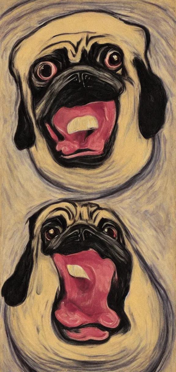 Image similar to a mouth-opened pug in shock , in the Style of The Scream , painted by Edvard Munch