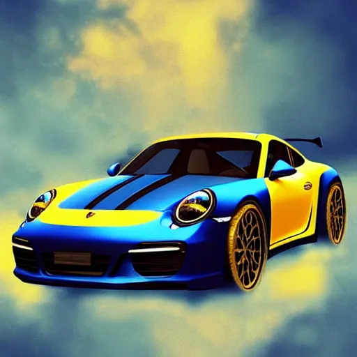 Image similar to black blue yellow porsche 9 1 1, complicated gold and blue flowers the baroque style decoration, dark fantasy, intricate, elegant, highly detailed, digital painting, artstation, concept art, matte, 3 d 8 k octane rendered, sharp focus, illustration, octane rendered, art by artgerm