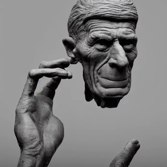 Image similar to photography of a sculpture of Samuel Beckett by Mahesh Nambiar and Michelangelo, made of clay, 50mm, studio atmosphere, 8K, rim light, octane render, ultra-realistic