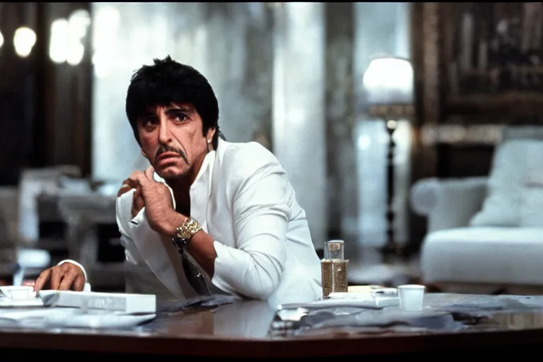 Image similar to tony montana from movie scarface 1 9 8 3 sitting behind a big black oak table with big large packages of flour and money. long shot. al pacino. perfect symmetric face, coherent eyes,, fine details, 4 k, ron cobb, cinestill